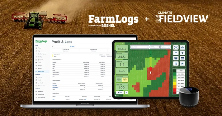 Computer screen showing Farmlogs and Climate fieldview